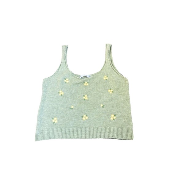 MNG Cropped Green Knit Embroidered Flower Sleeveless Top Tank Medium - Picture 3 of 6